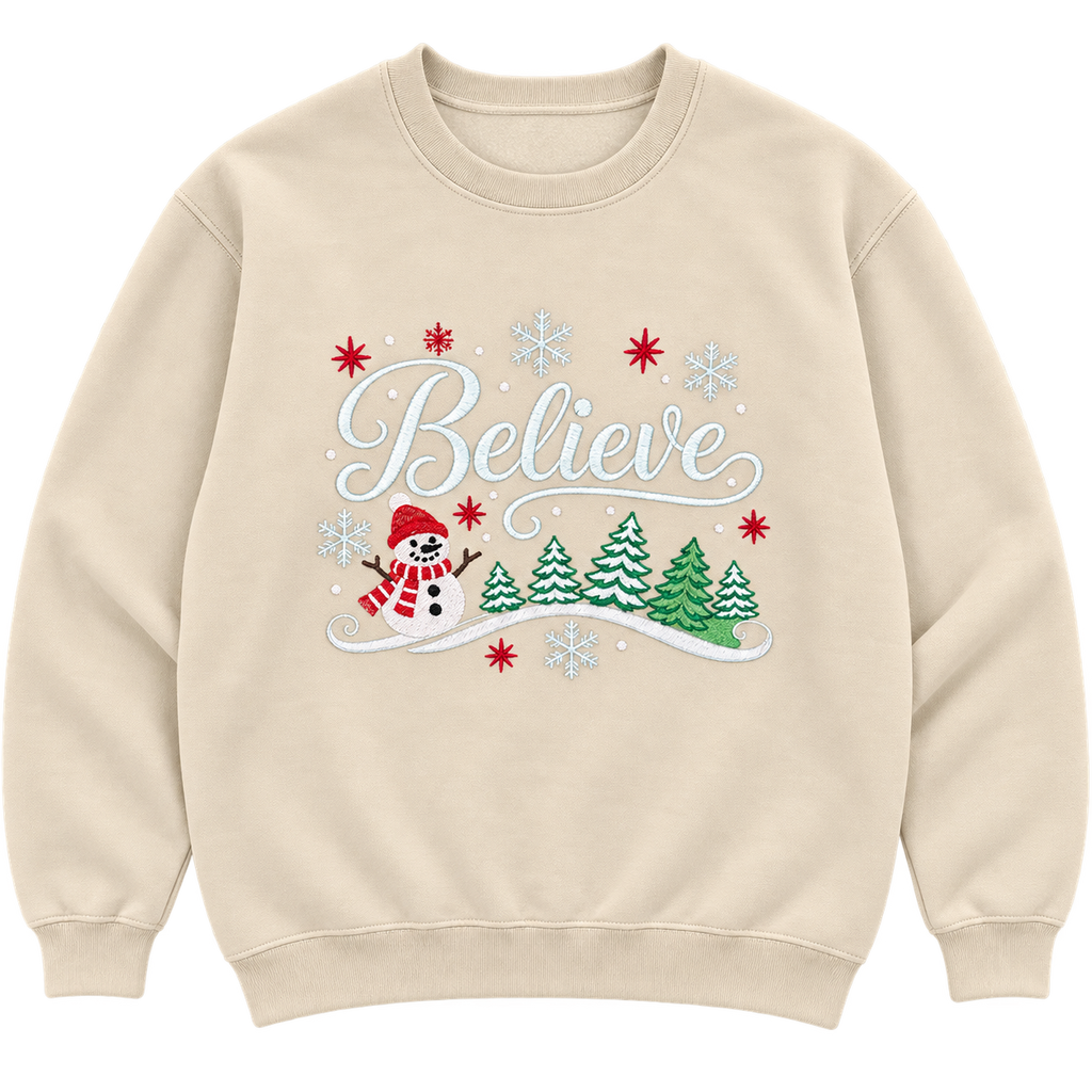 Styled product mockup of cream Believe Christmas embroidered sweatshirt