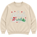 Styled product mockup of cream Believe Christmas embroidered sweatshirt