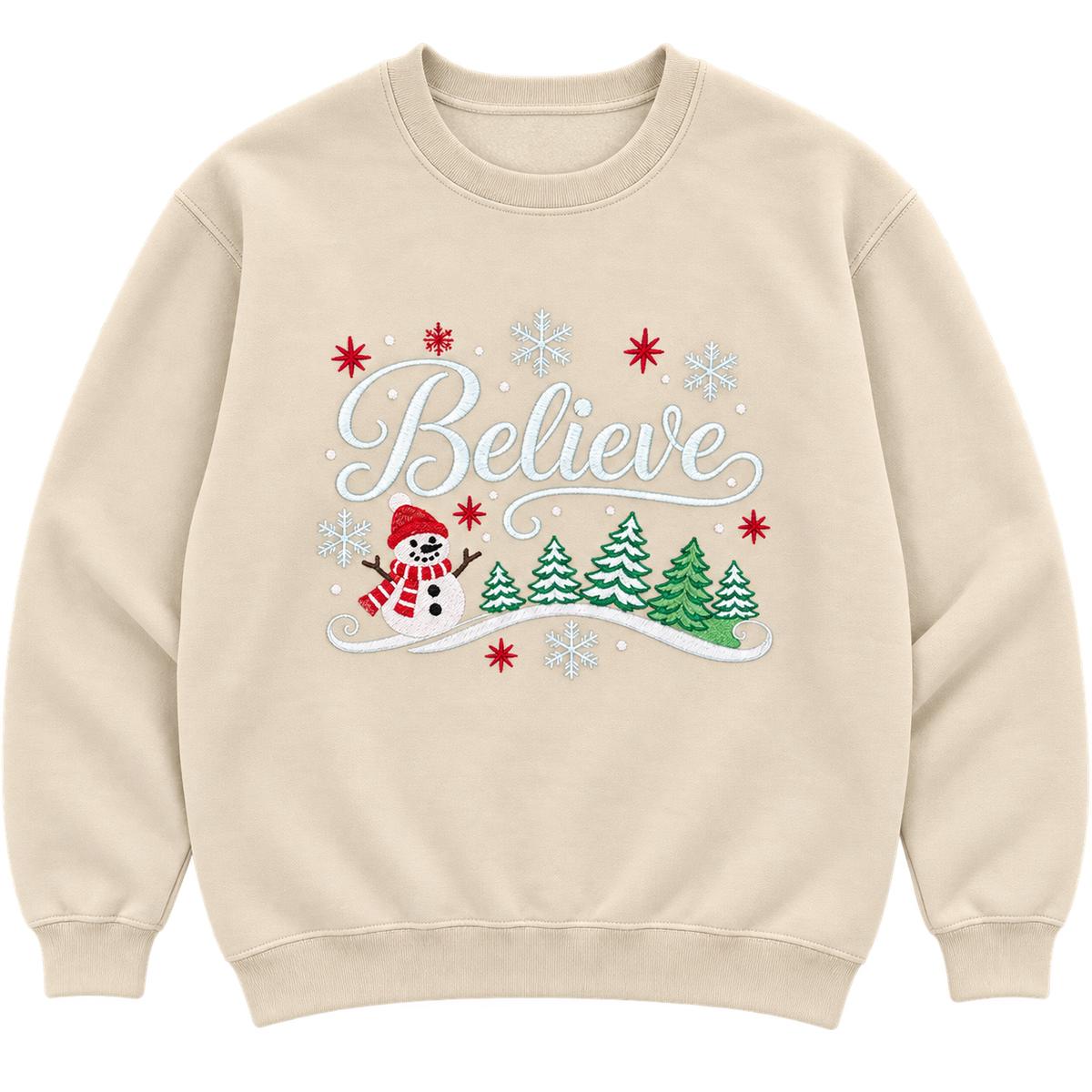 Styled product mockup of cream Believe Christmas embroidered sweatshirt