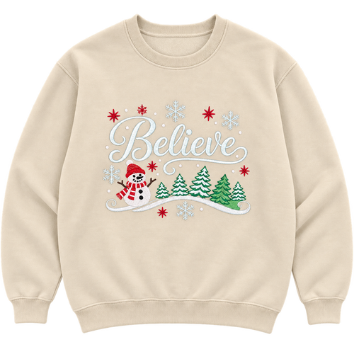 Styled product mockup of cream Believe Christmas embroidered sweatshirt
