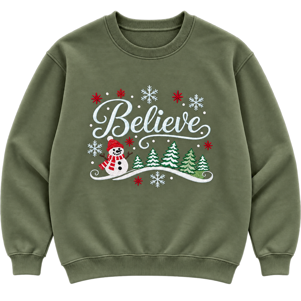 Military Green Believe embroidered sweatshirt mockup with lighter green trees and snowy white details