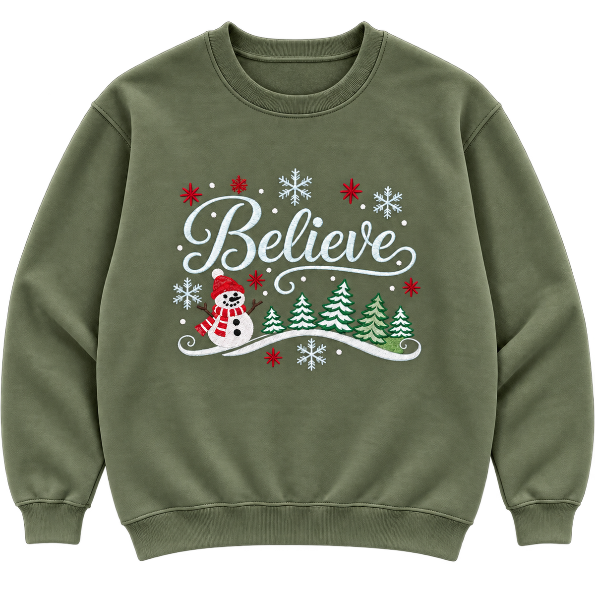 Military Green Believe embroidered sweatshirt mockup with lighter green trees and snowy white details