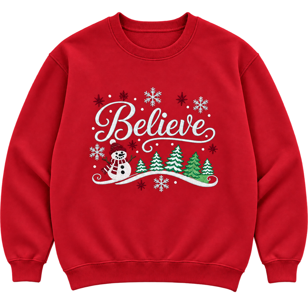 Red Believe embroidered Christmas sweatshirt mockup with contrasting burgundy accents