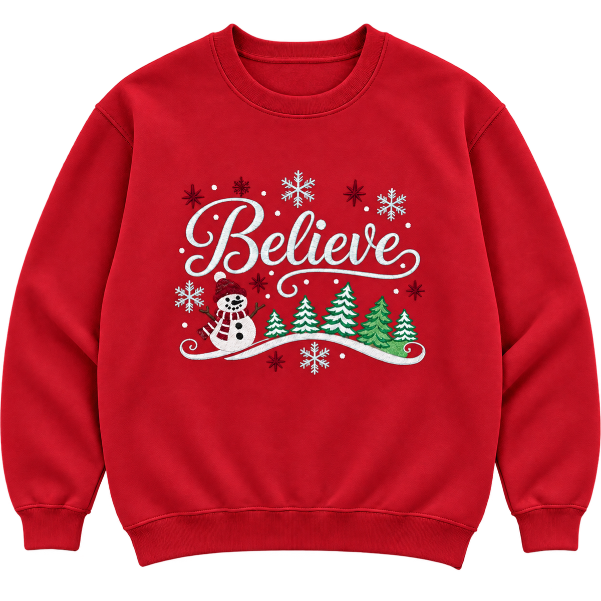 Red Believe embroidered Christmas sweatshirt mockup with contrasting burgundy accents